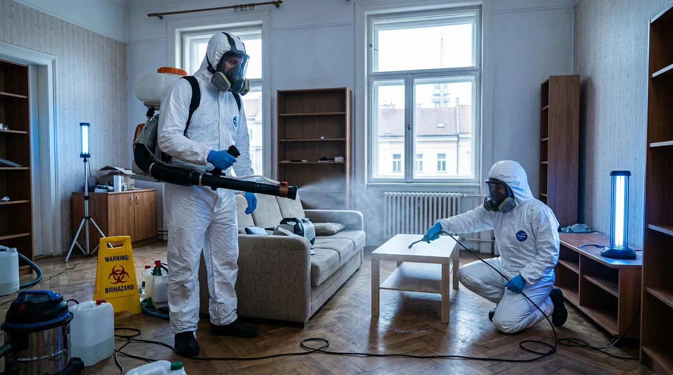 Specialisté v ochranných oblecích provádějí profesionální sanitaci a dezinfekci bytu po úmrtí v Praze
